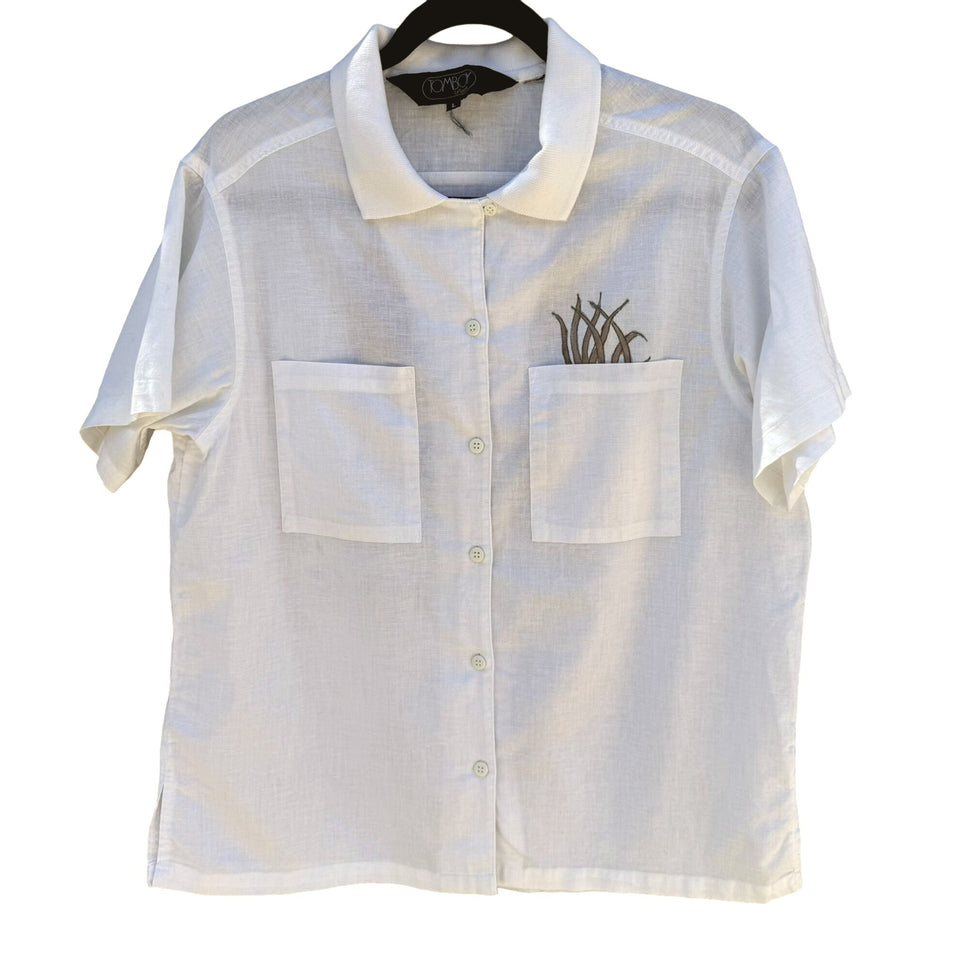 Tomboy Le Sport Vintage White Linen Tiger Short Sleeve Button Polo Collar Shirt