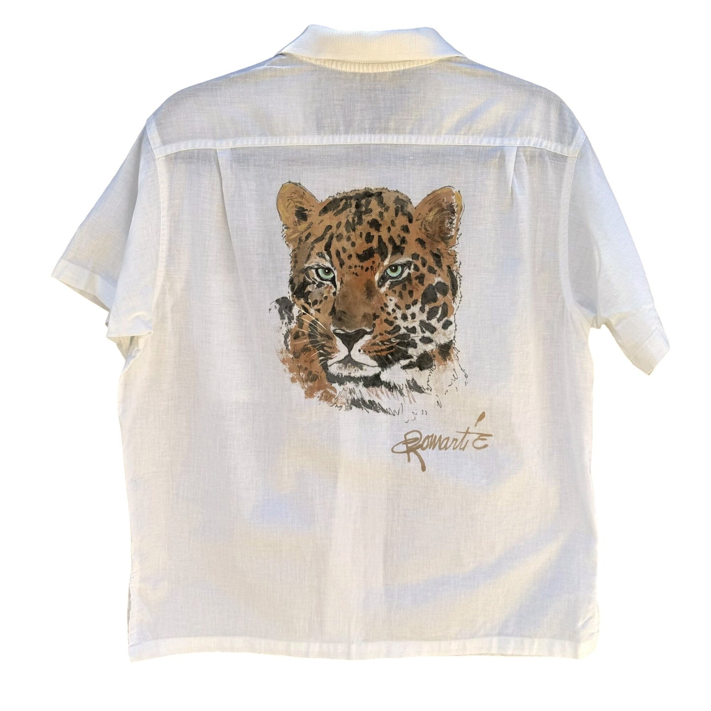 Tomboy Le Sport Vintage White Linen Tiger Short Sleeve Button Polo Collar Shirt