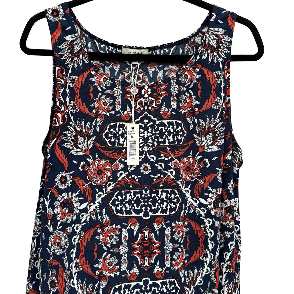 Max Studio Womens Navy Floral Medallion Sleeveless Tank Top M NEW Boho Eclectic