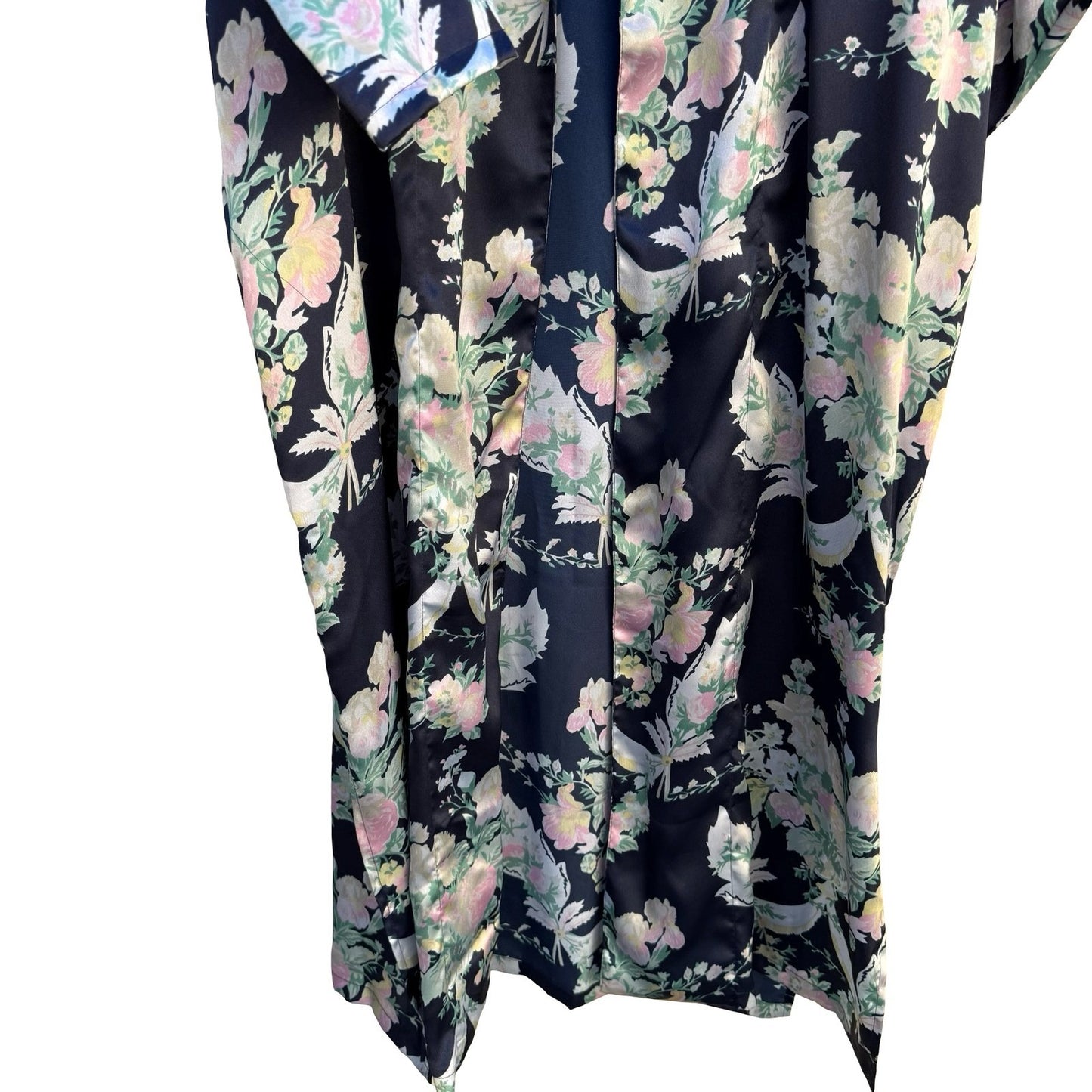 Victorias Secret Vintage Gold Label Floral Satin Robe Navy Long Pockets NO BELT