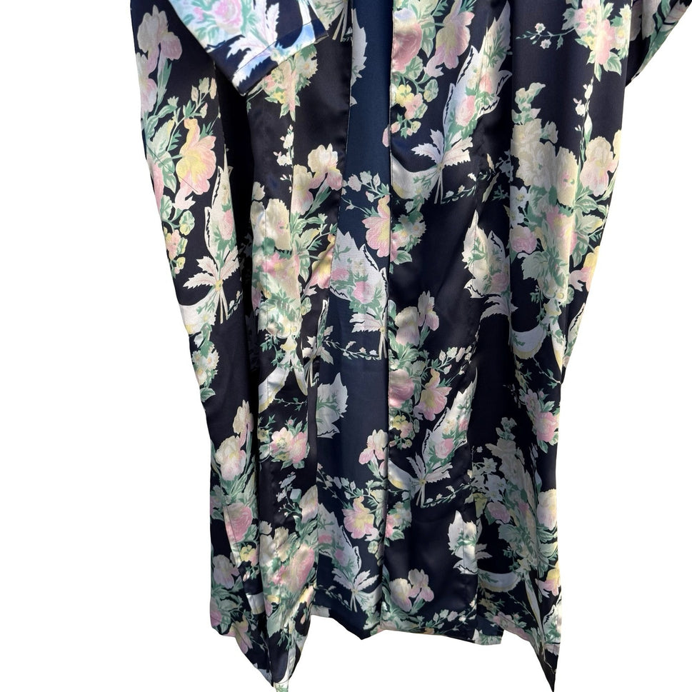 Victorias Secret Vintage Gold Label Floral Satin Robe Navy Long Pockets NO BELT