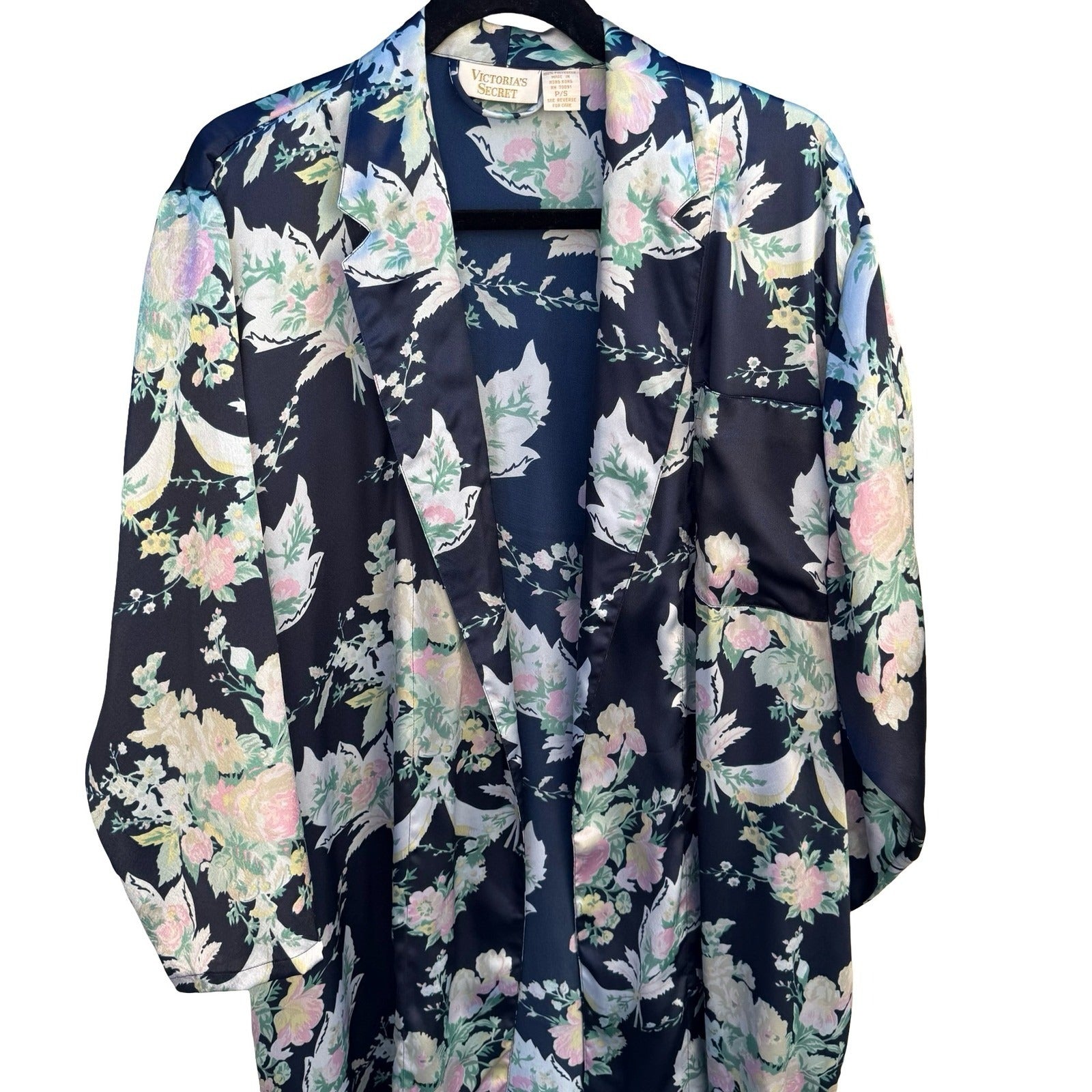 Victorias Secret Vintage Gold Label Floral Satin Robe Navy Long Pockets NO BELT