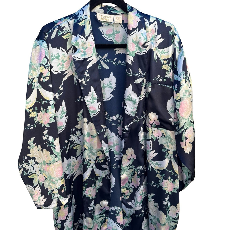 Victorias Secret Vintage Gold Label Floral Satin Robe Navy Long Pockets NO BELT