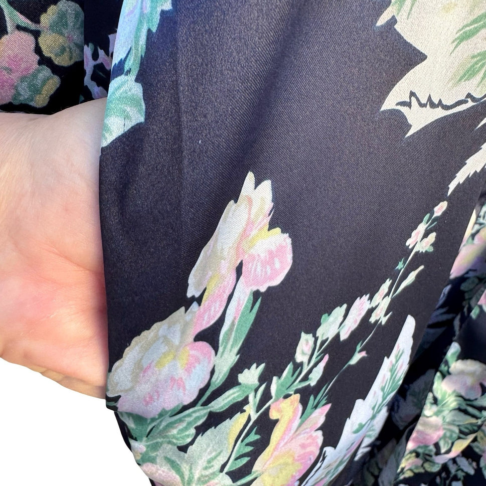 Victorias Secret Vintage Gold Label Floral Satin Robe Navy Long Pockets NO BELT