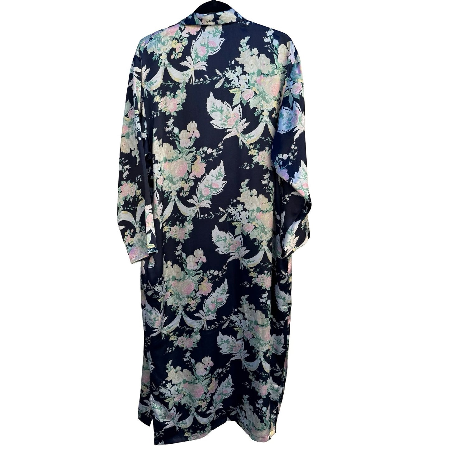 Victorias Secret Vintage Gold Label Floral Satin Robe Navy Long Pockets NO BELT