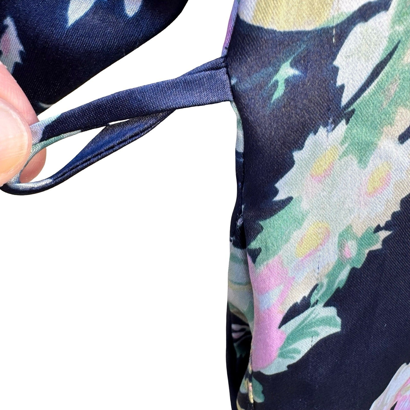 Victorias Secret Vintage Gold Label Floral Satin Robe Navy Long Pockets NO BELT