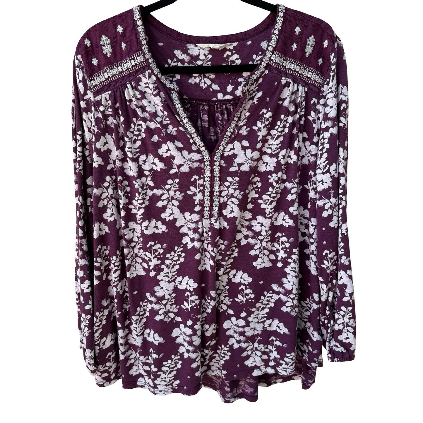 Lucky Brand Romantic Hippie Floral Embroidered Boho Peasant Blouse Top Plum 1X