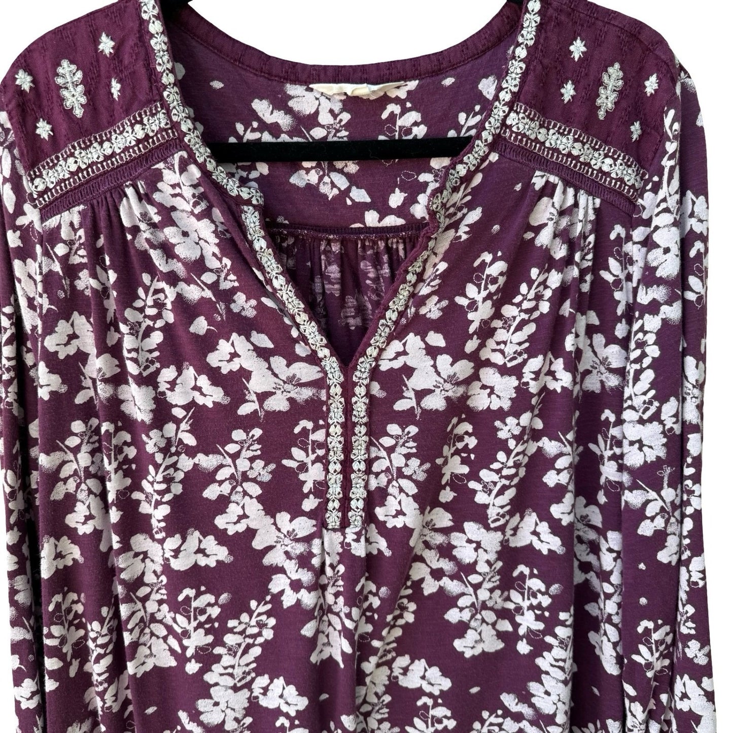 Lucky Brand Romantic Hippie Floral Embroidered Boho Peasant Blouse Top Plum 1X