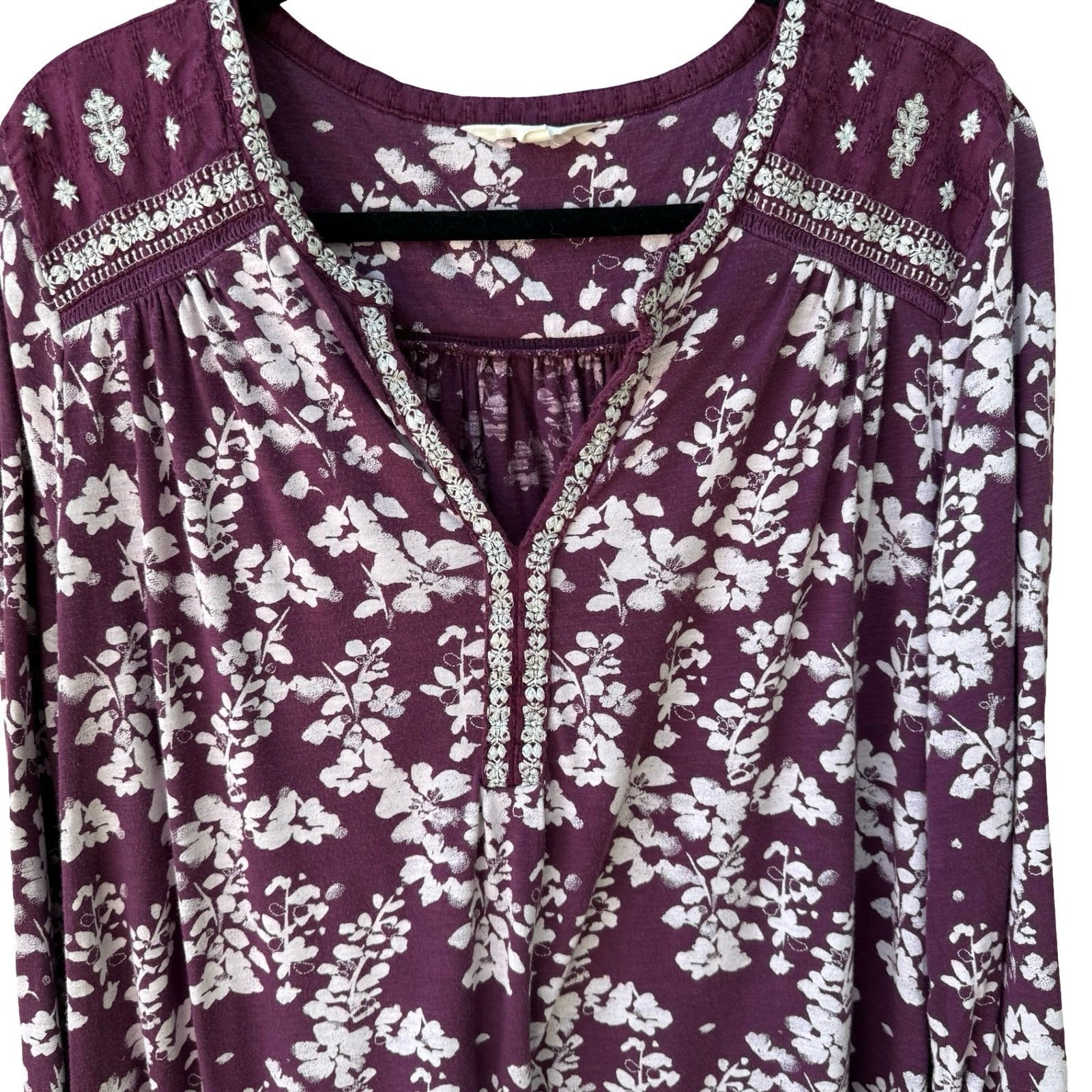 Lucky Brand Romantic Hippie Floral Embroidered Boho Peasant Blouse Top Plum 1X
