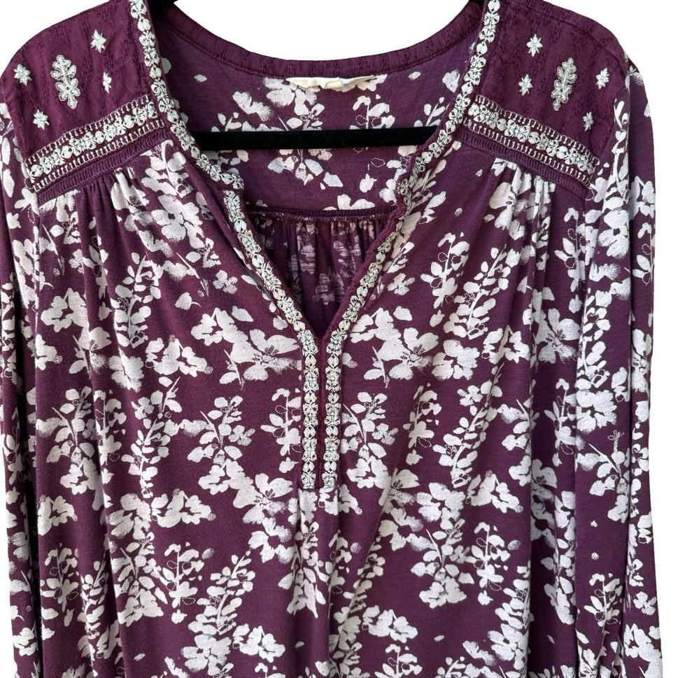 Lucky Brand Romantic Hippie Floral Embroidered Boho Peasant Blouse Top Plum 1X