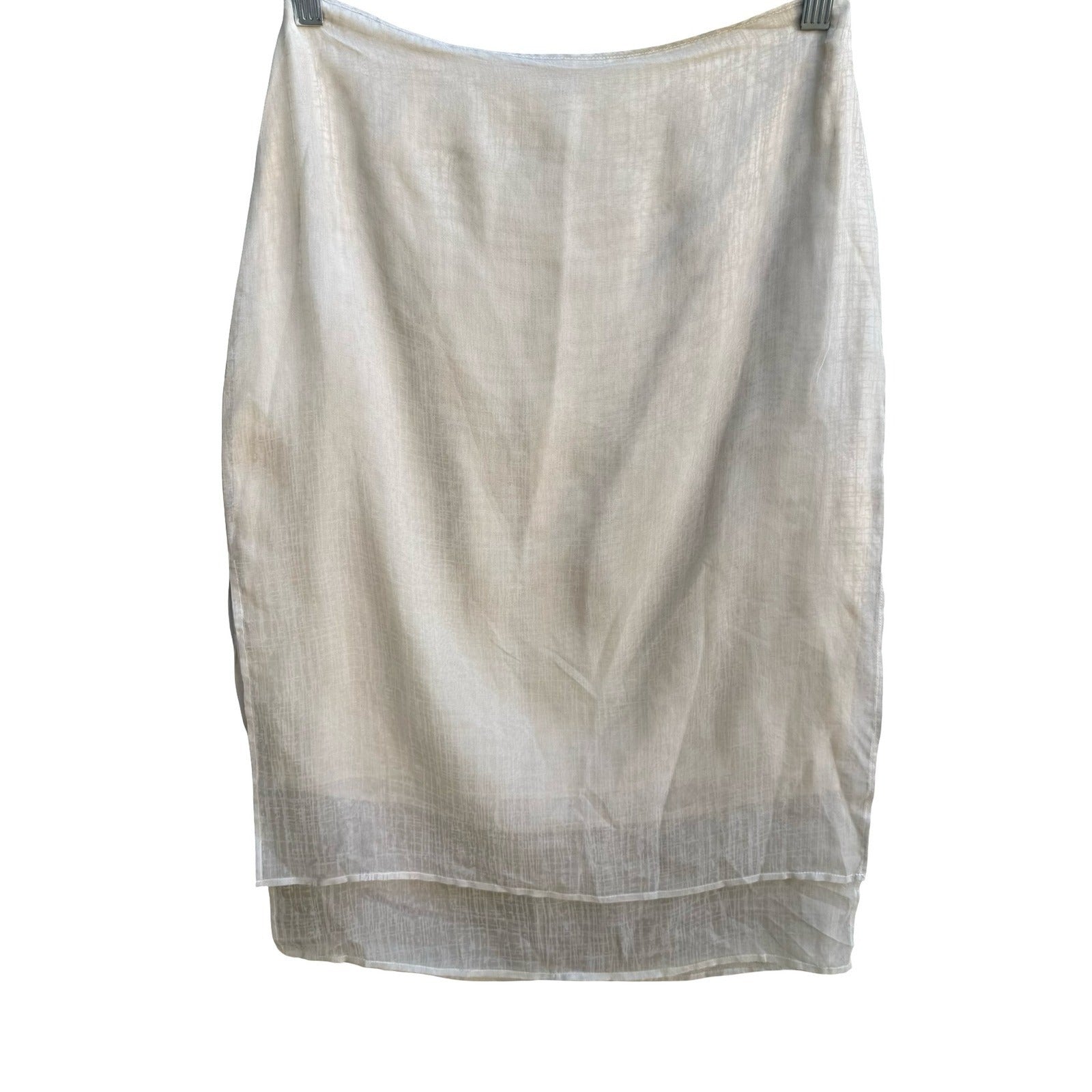 Vintage Gauze Sheer Layered Midi Skirt Textured Grid Pattern Neutral Minimalist