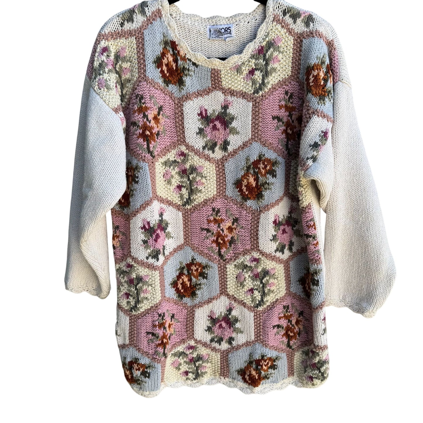 Honors Vintage Womens Floral Geometric Knit Cottage Granny Oversized Sweater S