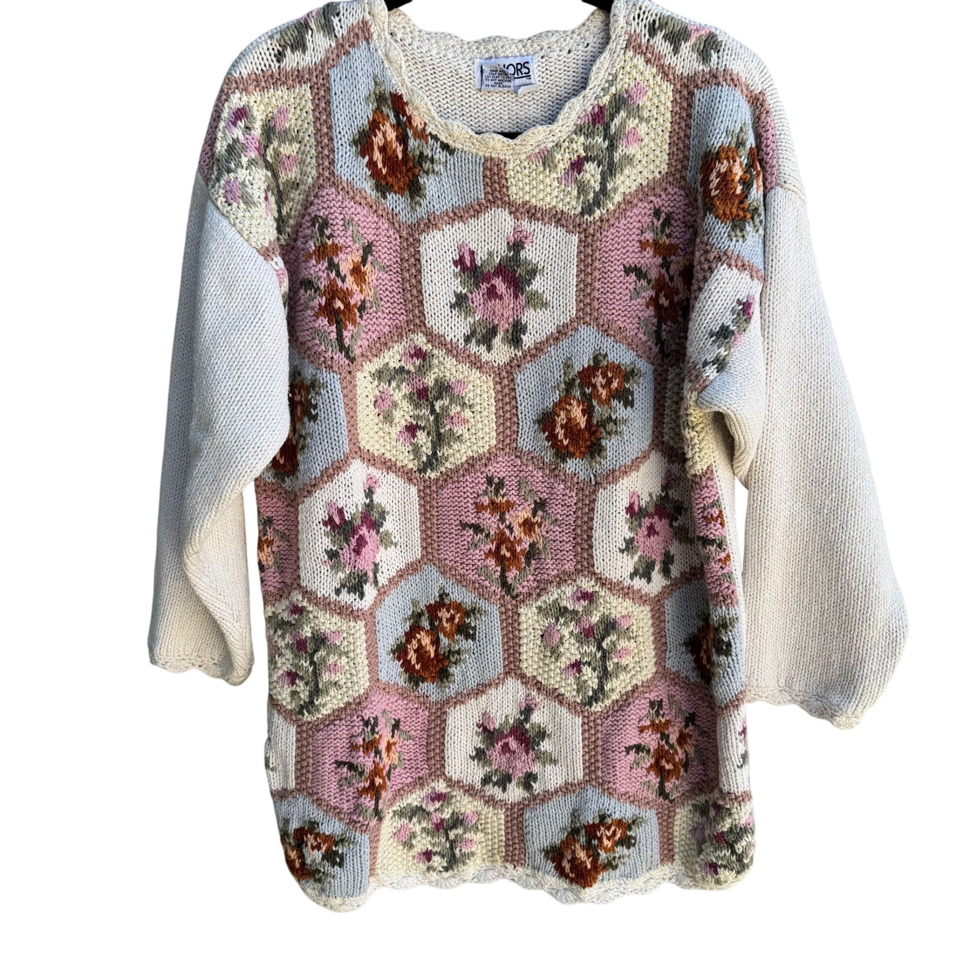 Honors Vintage Womens Floral Geometric Knit Cottage Granny Oversized Sweater S