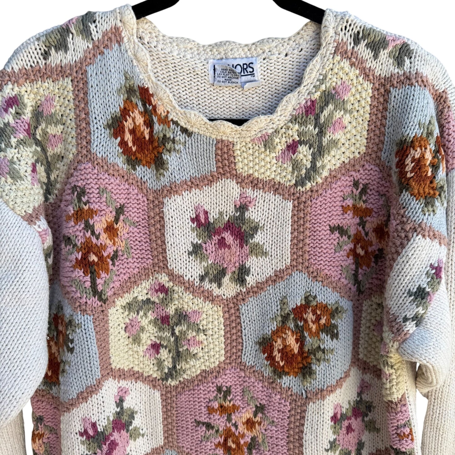 Honors Vintage Womens Floral Geometric Knit Cottage Granny Oversized Sweater S