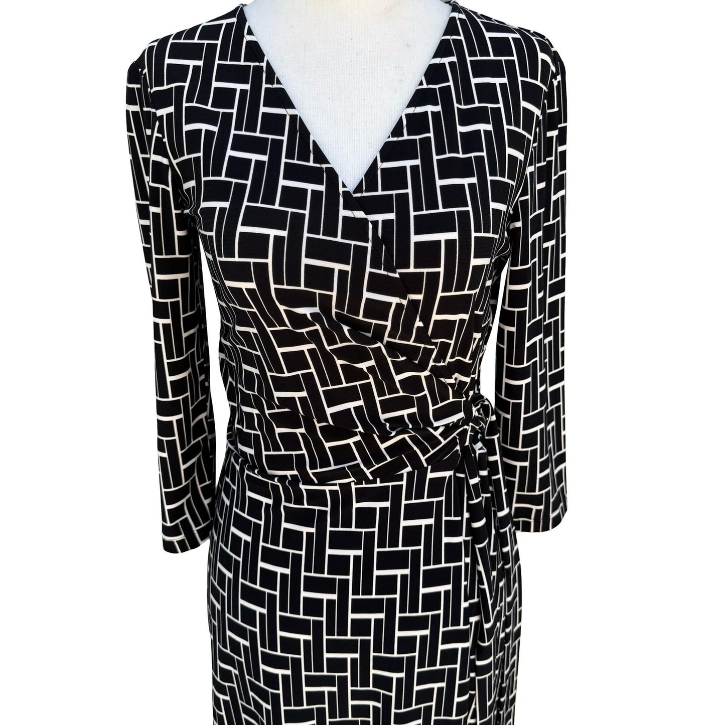 Chaps Womens Black White Geometric Grid Wrap Dress Long Sleeve V-Neck Size S