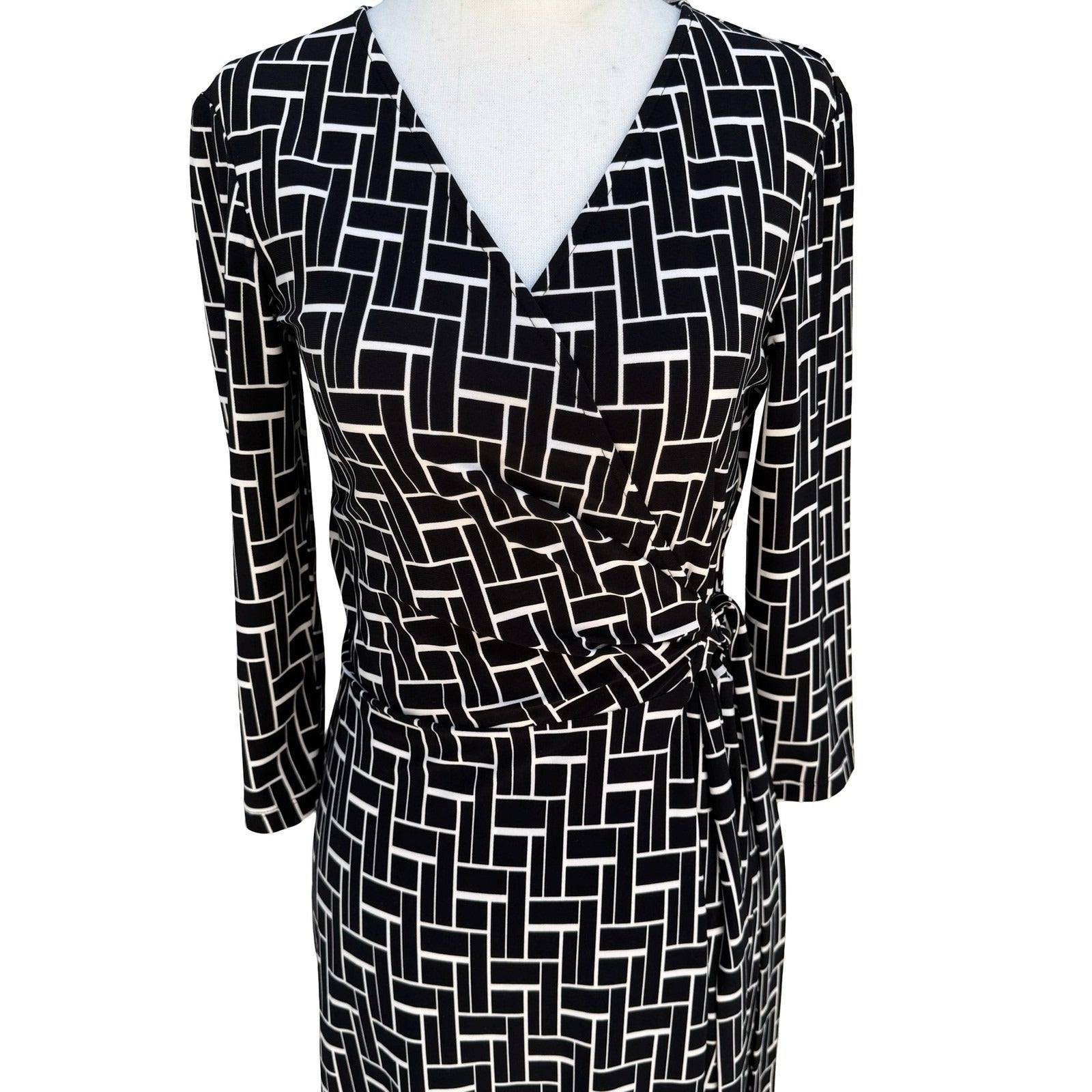 Chaps Womens Black White Geometric Grid Wrap Dress Long Sleeve V-Neck Size S