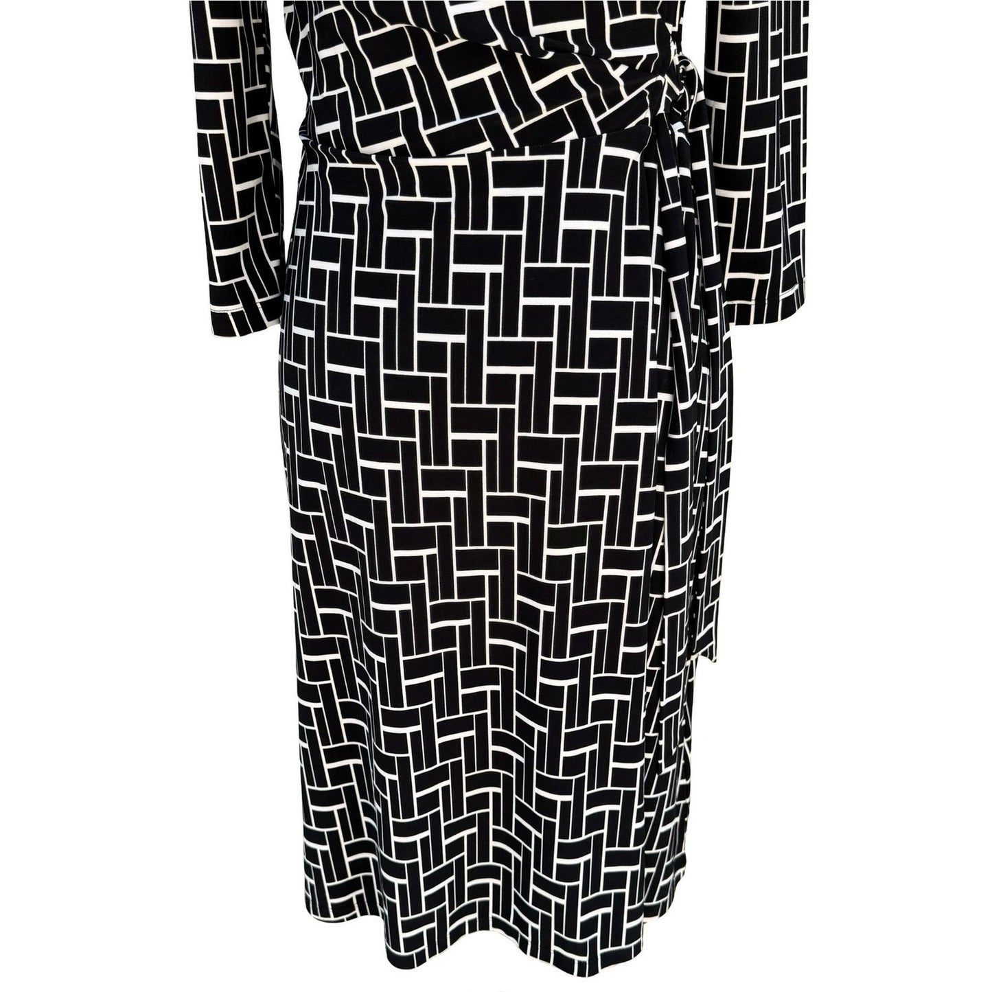 Chaps Womens Black White Geometric Grid Wrap Dress Long Sleeve V-Neck Size S