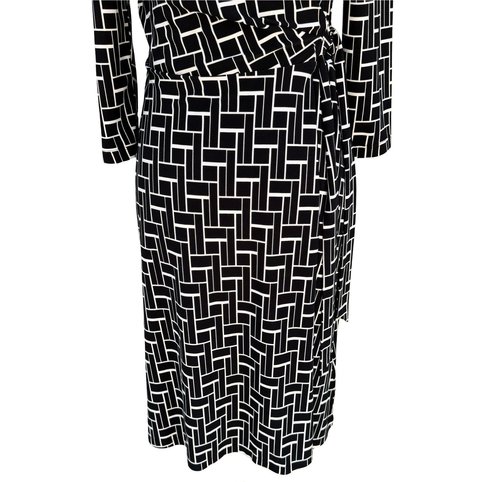 Chaps Womens Black White Geometric Grid Wrap Dress Long Sleeve V-Neck Size S