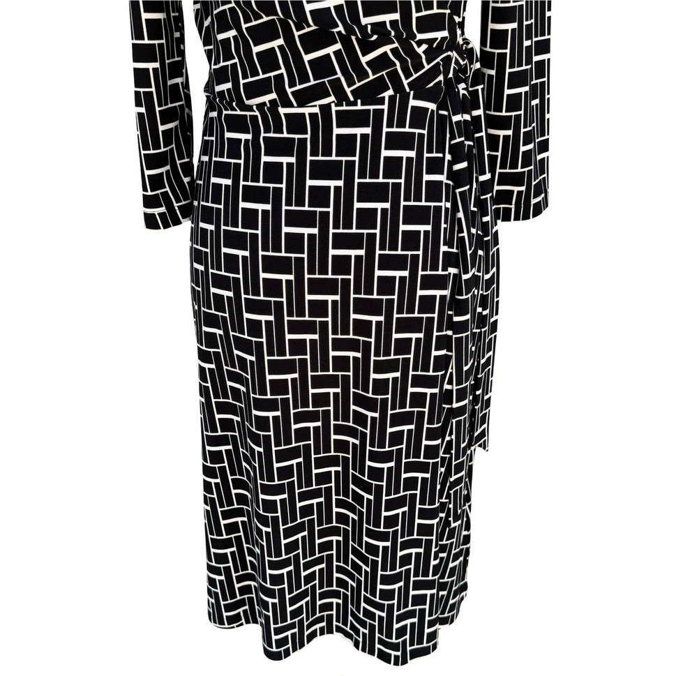 Chaps Womens Black White Geometric Grid Wrap Dress Long Sleeve V-Neck Size S