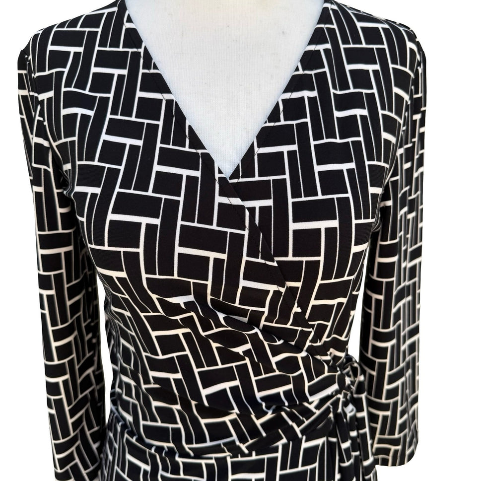 Chaps Womens Black White Geometric Grid Wrap Dress Long Sleeve V-Neck Size S