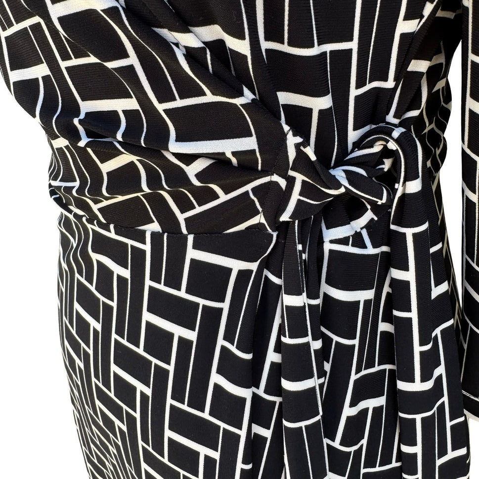 Chaps Womens Black White Geometric Grid Wrap Dress Long Sleeve V-Neck Size S
