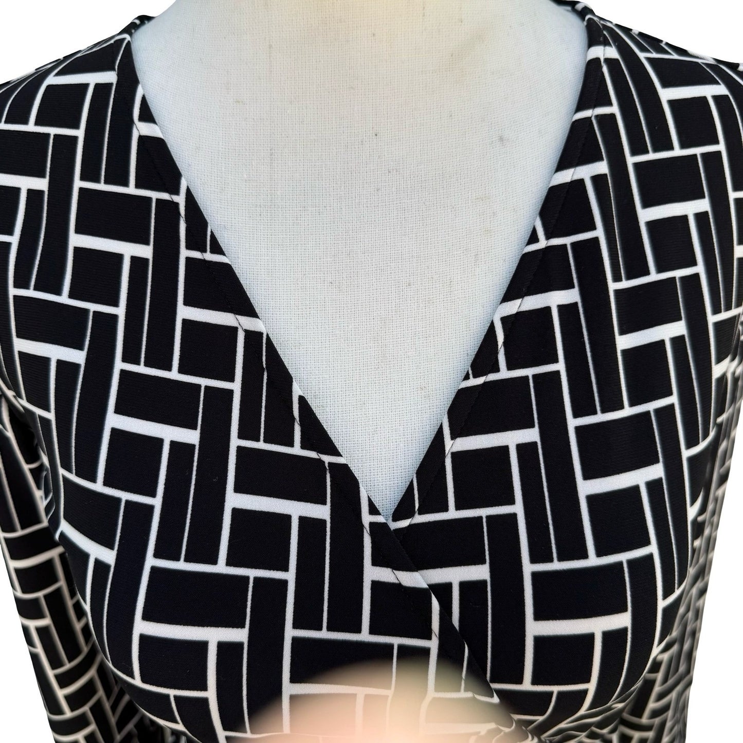 Chaps Womens Black White Geometric Grid Wrap Dress Long Sleeve V-Neck Size S