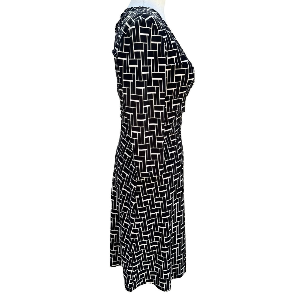 Chaps Womens Black White Geometric Grid Wrap Dress Long Sleeve V-Neck Size S