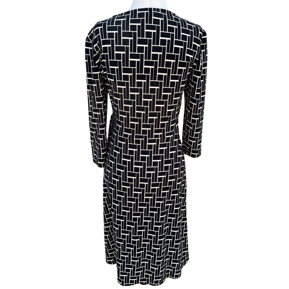 Chaps Womens Black White Geometric Grid Wrap Dress Long Sleeve V-Neck Size S