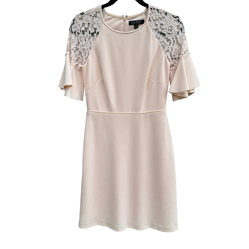 Lauren Ralph Lauren Pale Pink Lace Shoulder Flutter Sleeve Dress Size 0 Coquette