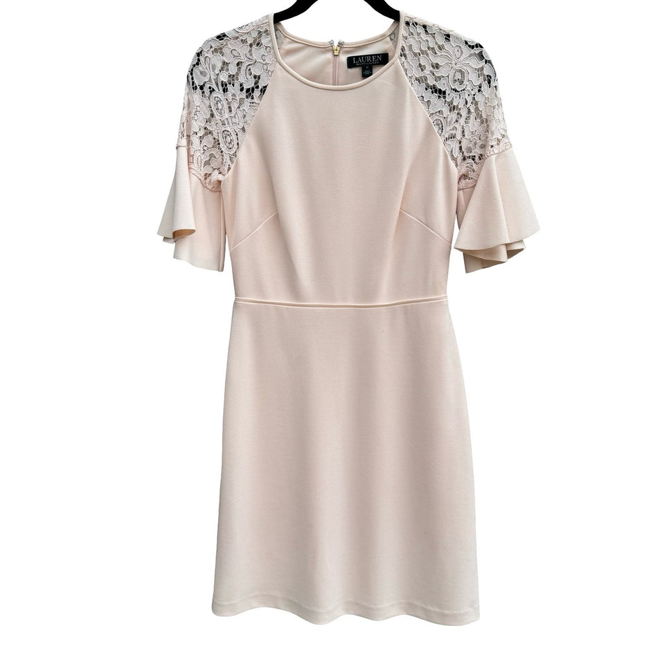 Lauren Ralph Lauren Pale Pink Lace Shoulder Flutter Sleeve Dress Size 0 Coquette