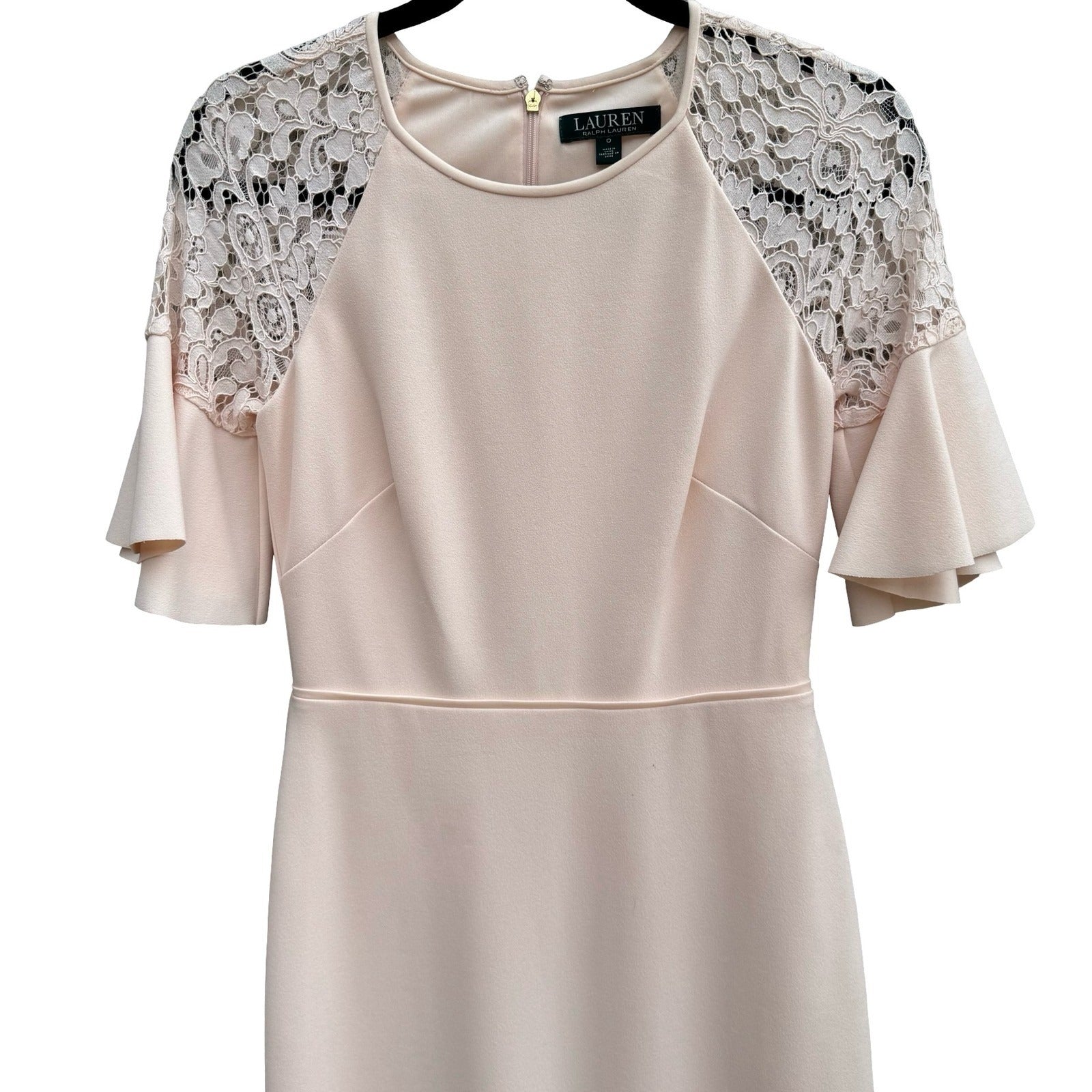 Lauren Ralph Lauren Pale Pink Lace Shoulder Flutter Sleeve Dress Size 0 Coquette