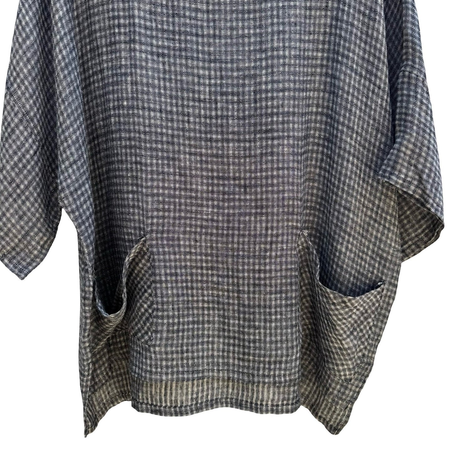Kiyo 100% Linen Coastal Gingham Tunic Blouse Lagenlook Boxy Oversized Womens M
