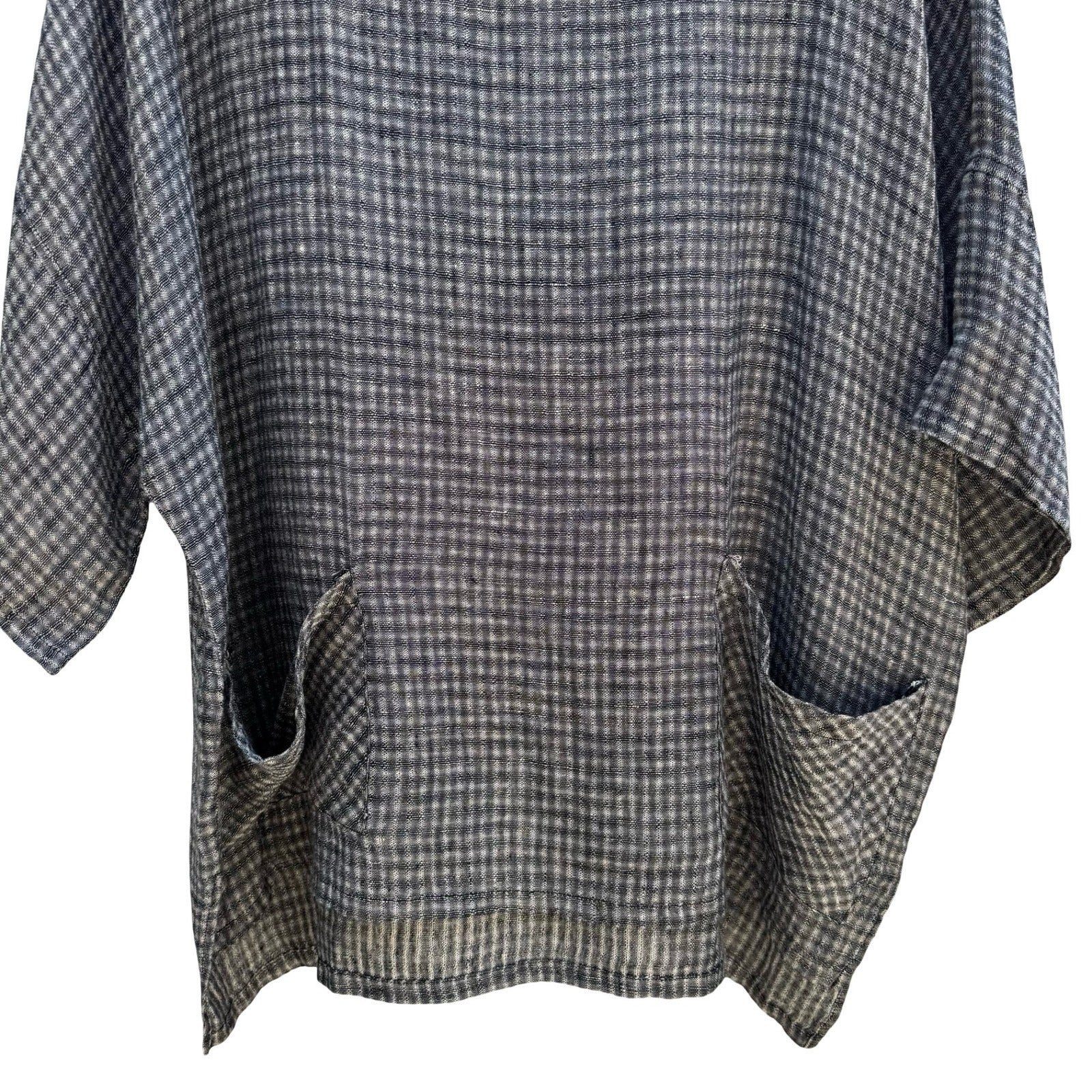 Kiyo 100% Linen Coastal Gingham Tunic Blouse Lagenlook Boxy Oversized Womens M