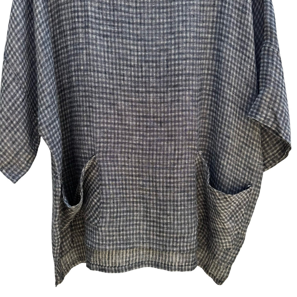 Kiyo 100% Linen Coastal Gingham Tunic Blouse Lagenlook Boxy Oversized Womens M