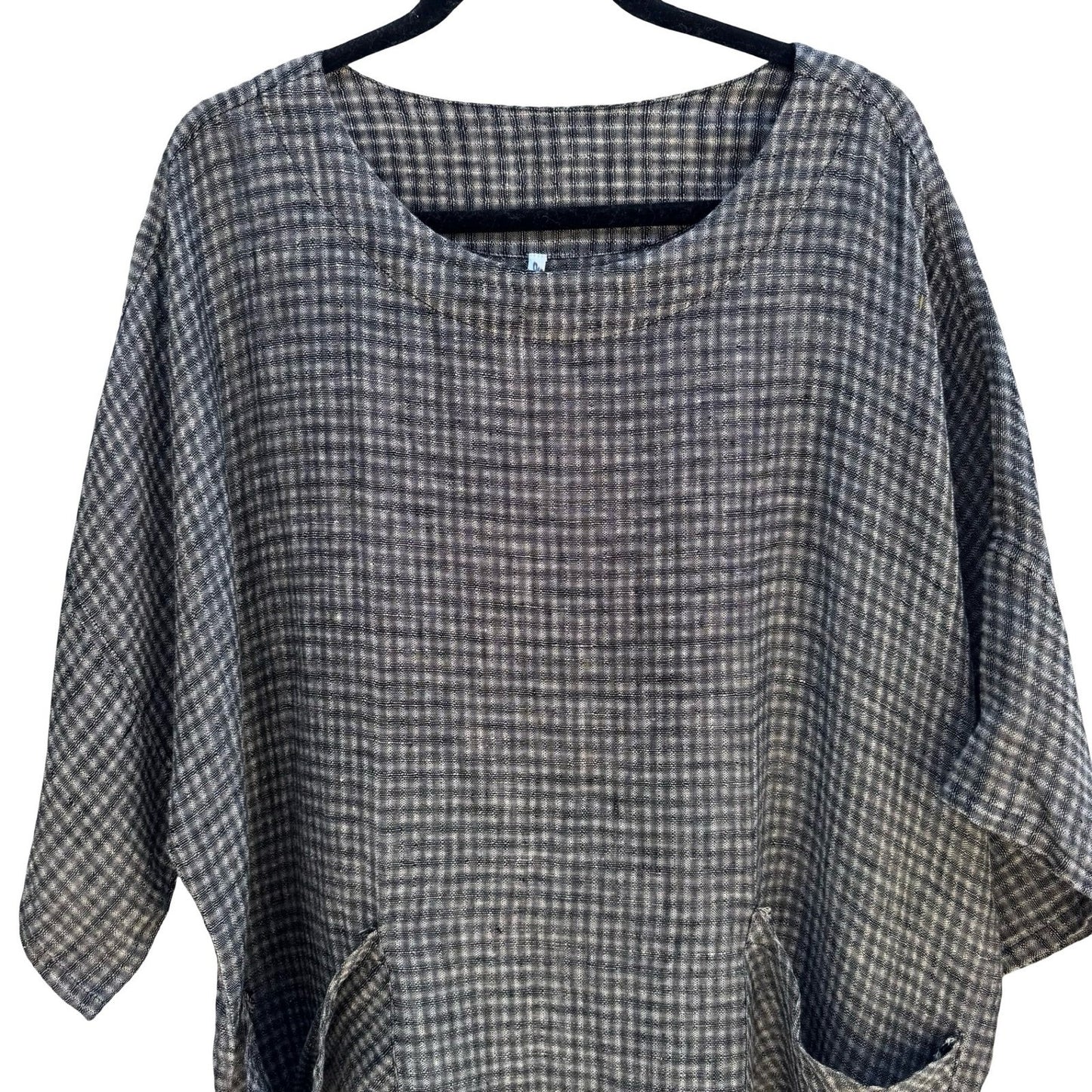 Kiyo 100% Linen Coastal Gingham Tunic Blouse Lagenlook Boxy Oversized Womens M
