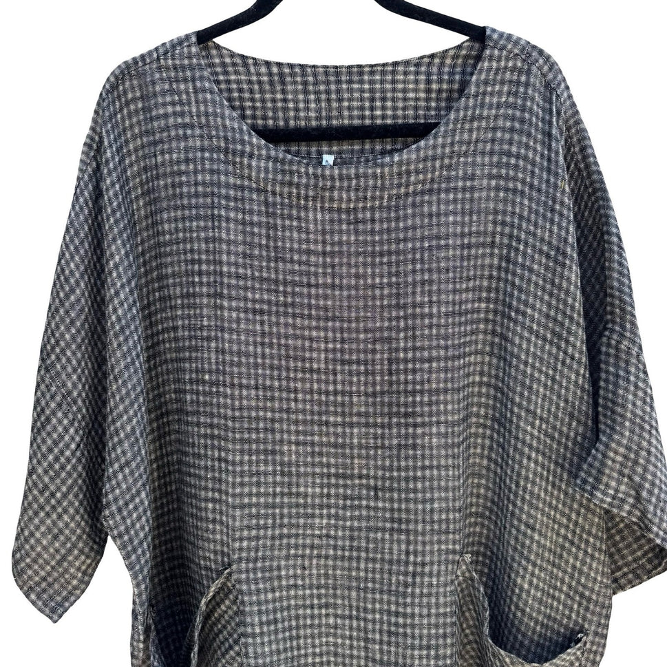 Kiyo 100% Linen Coastal Gingham Tunic Blouse Lagenlook Boxy Oversized Womens M