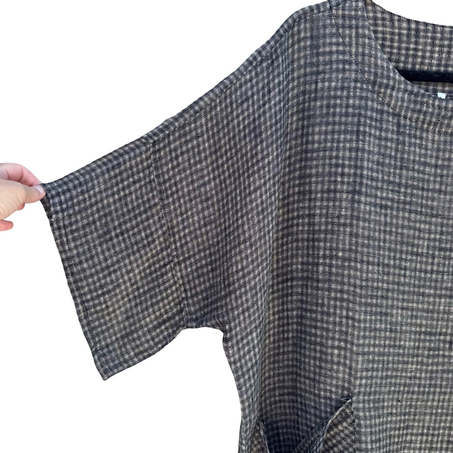 Kiyo 100% Linen Coastal Gingham Tunic Blouse Lagenlook Boxy Oversized Womens M