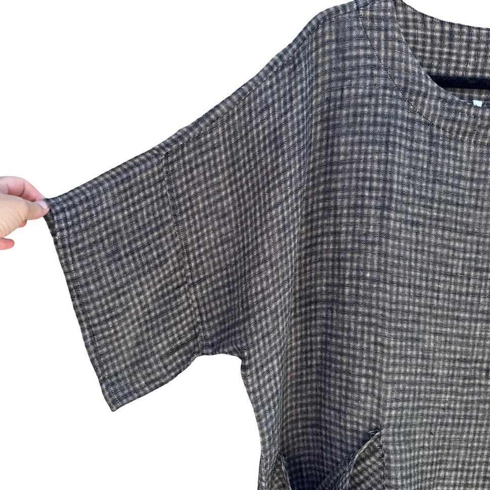 Kiyo 100% Linen Coastal Gingham Tunic Blouse Lagenlook Boxy Oversized Womens M