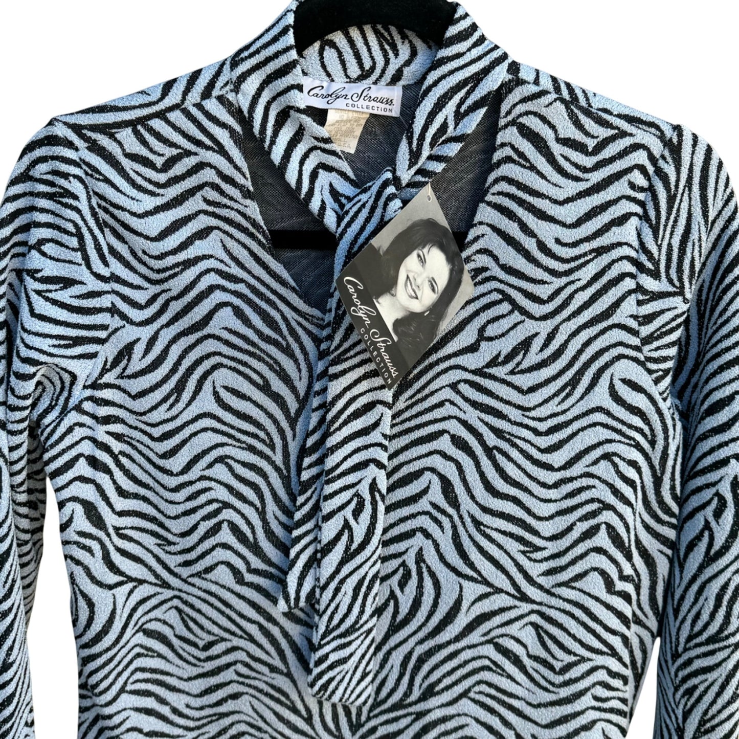 Carolyn Strauss Collection Blue Zebra Print V Neck Tie Scarf Collar Blouse New S