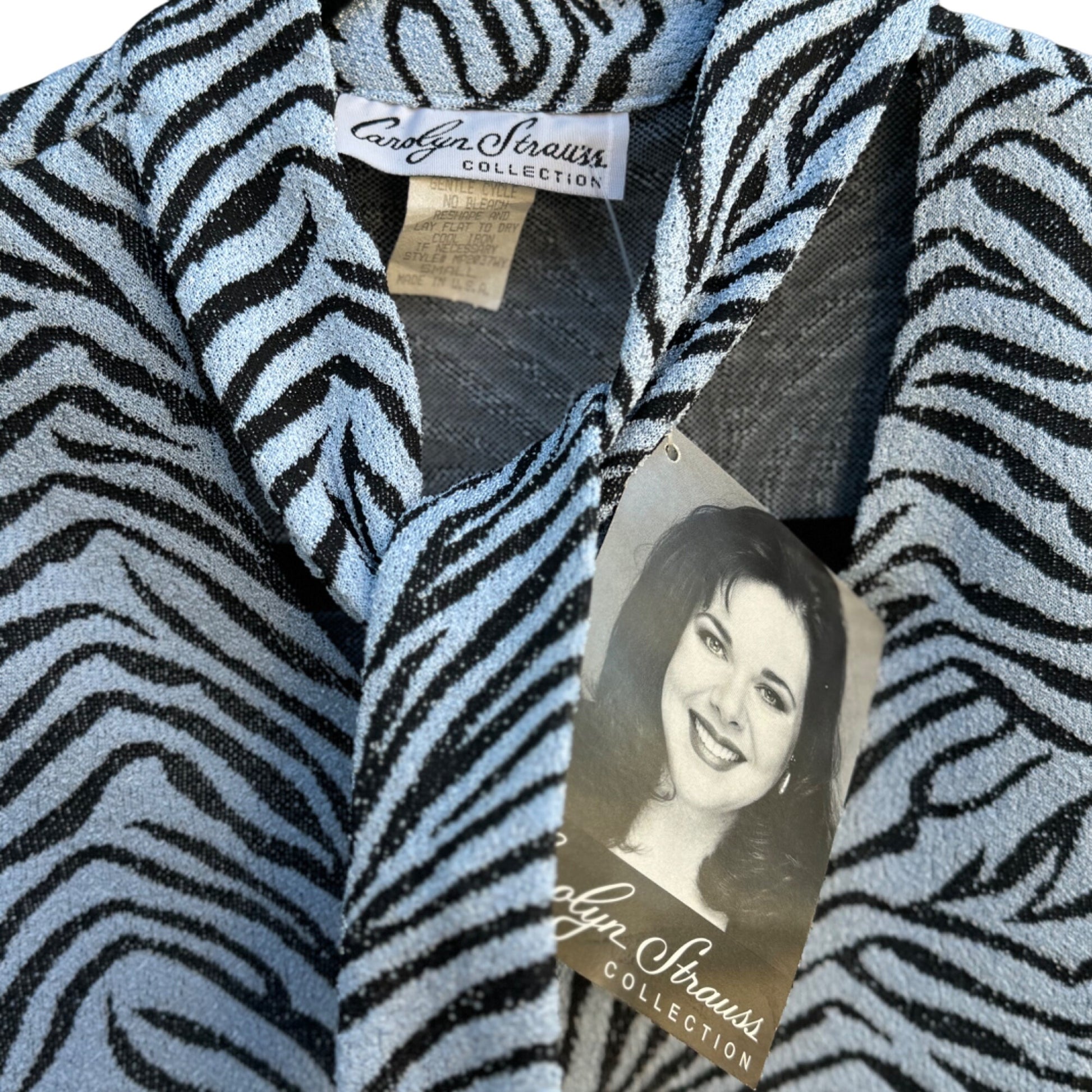 Carolyn Strauss Collection Blue Zebra Print V Neck Tie Scarf Collar Blouse New S