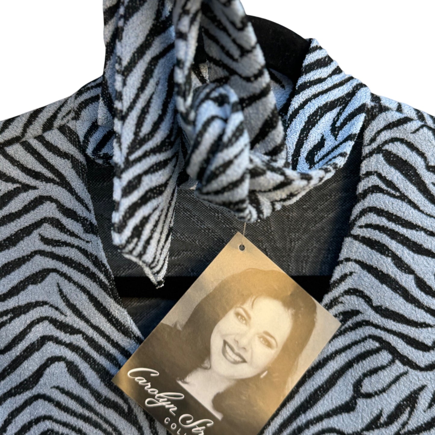 Carolyn Strauss Collection Blue Zebra Print V Neck Tie Scarf Collar Blouse New S