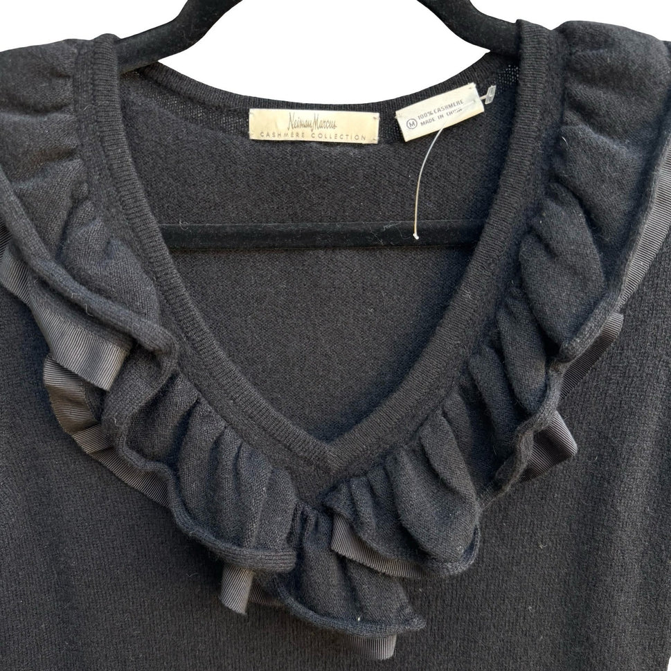 Neiman Marcus Cashmere Coquette Balletcore Quiet Luxury Ruffle V-Neck Sweater M