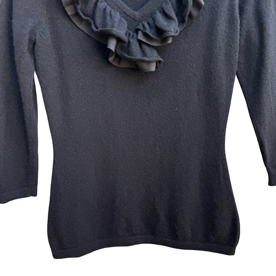 Neiman Marcus Cashmere Coquette Balletcore Quiet Luxury Ruffle V-Neck Sweater M