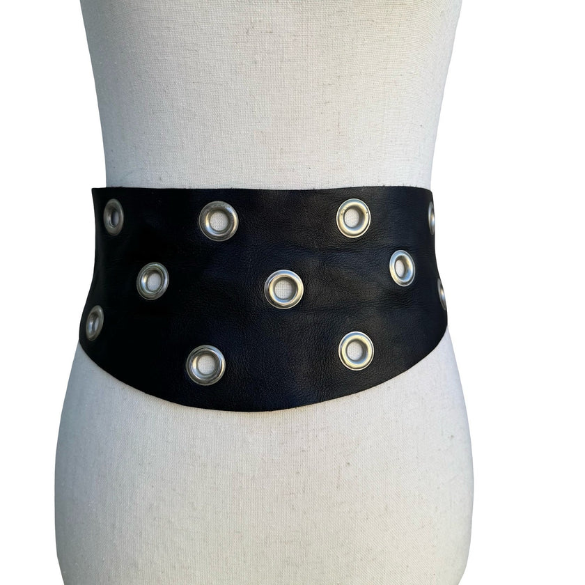 Vintage Black Leather Wide Grommet Cinch Belt Silver Eyelet Waist Belt Womens