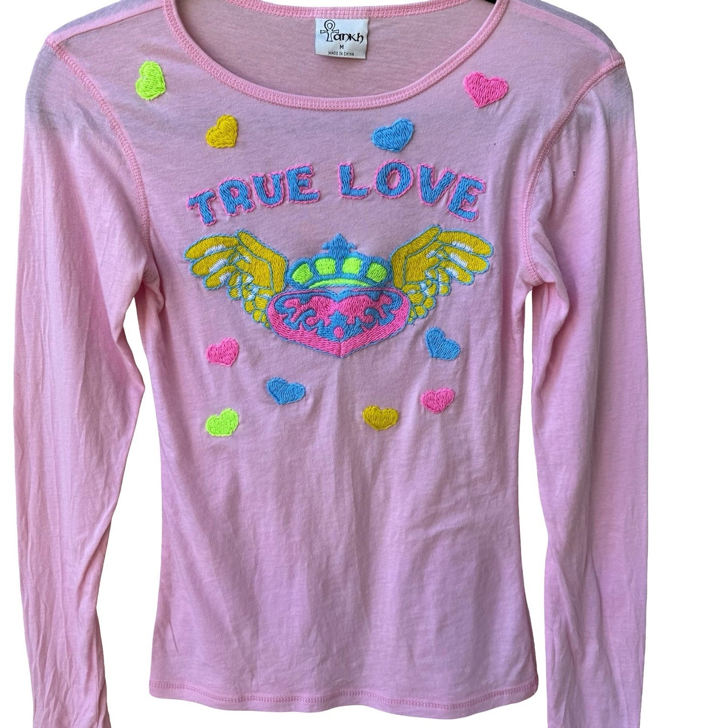 Ankh Pink True Love Embroidered Fairycore Harajuku Baby Tee Y2K Graphic Top M