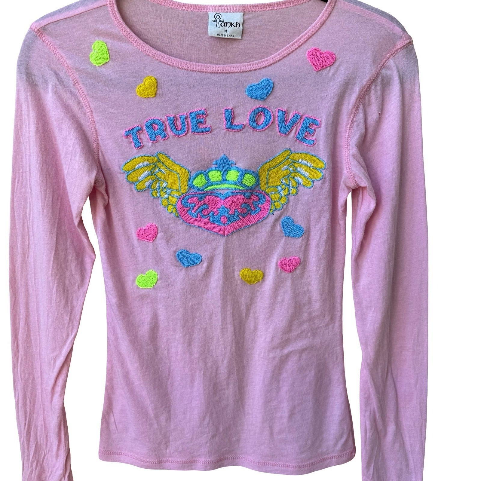 Ankh Pink True Love Embroidered Fairycore Harajuku Baby Tee Y2K Graphic Top M