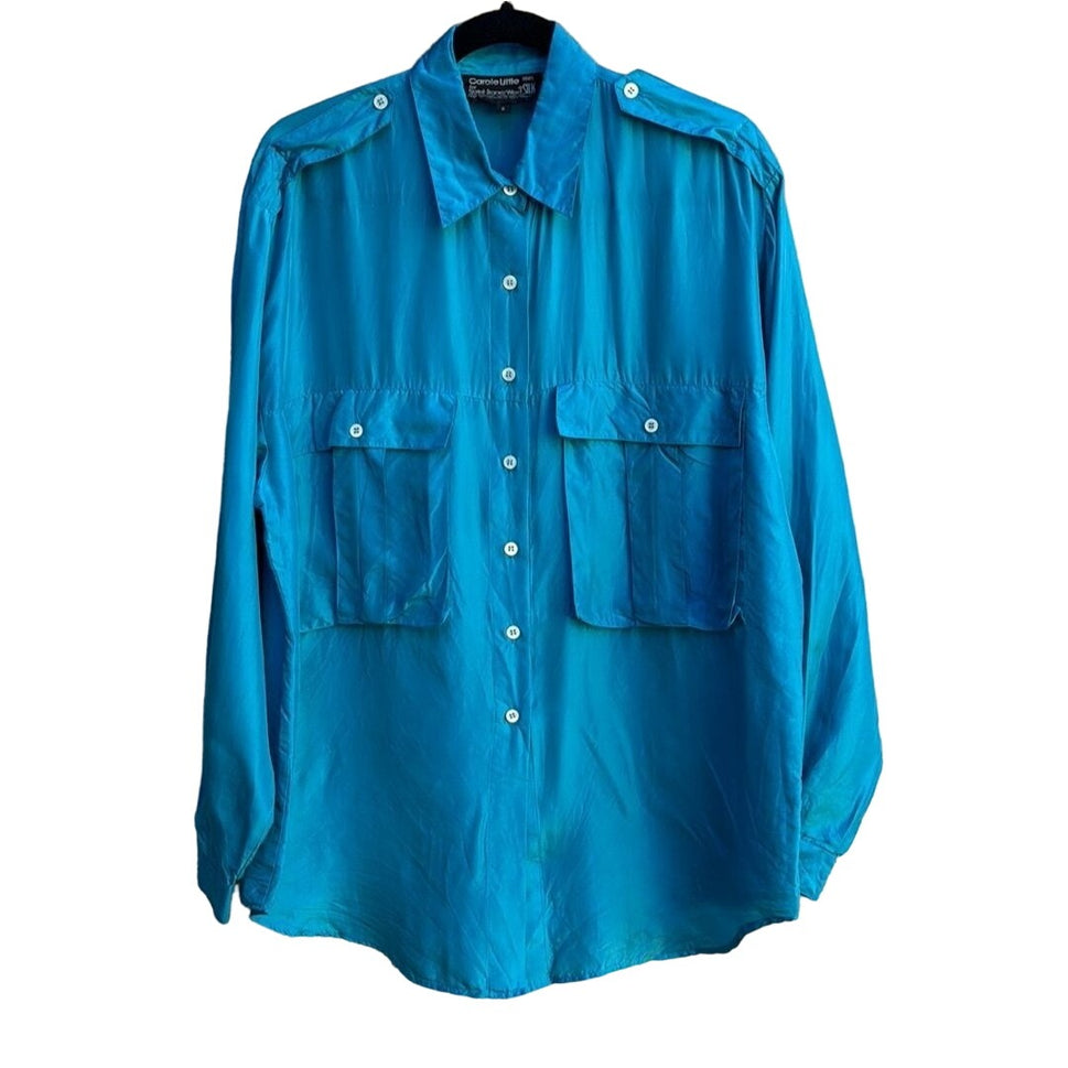 Carole Little St Tropez Vintage Silk Teal Oversized Button-Up Epaulette Shirt 6