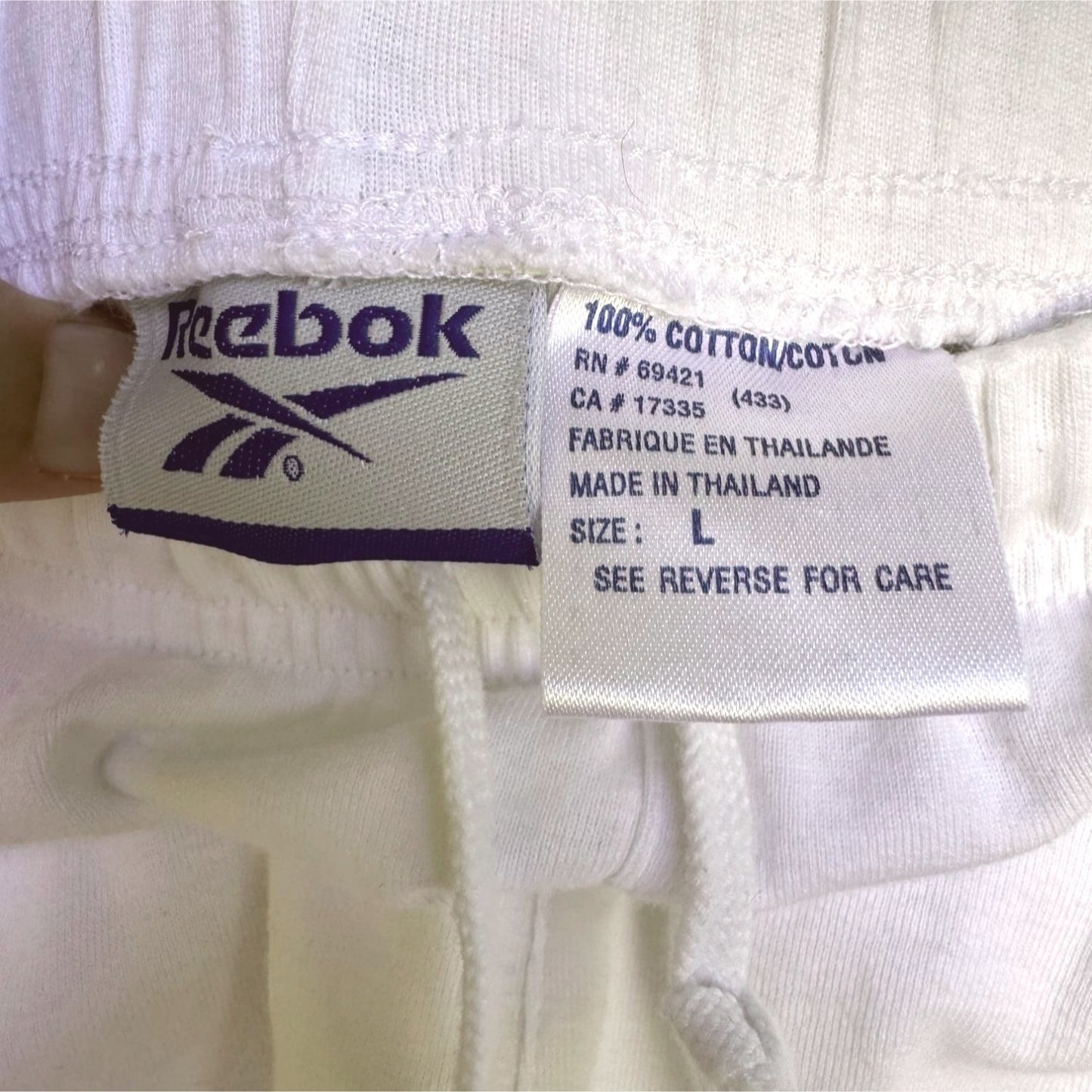 Reebok Women's Vintage White Elastic Drawstring Waist Cotton Athletic Shorts - L