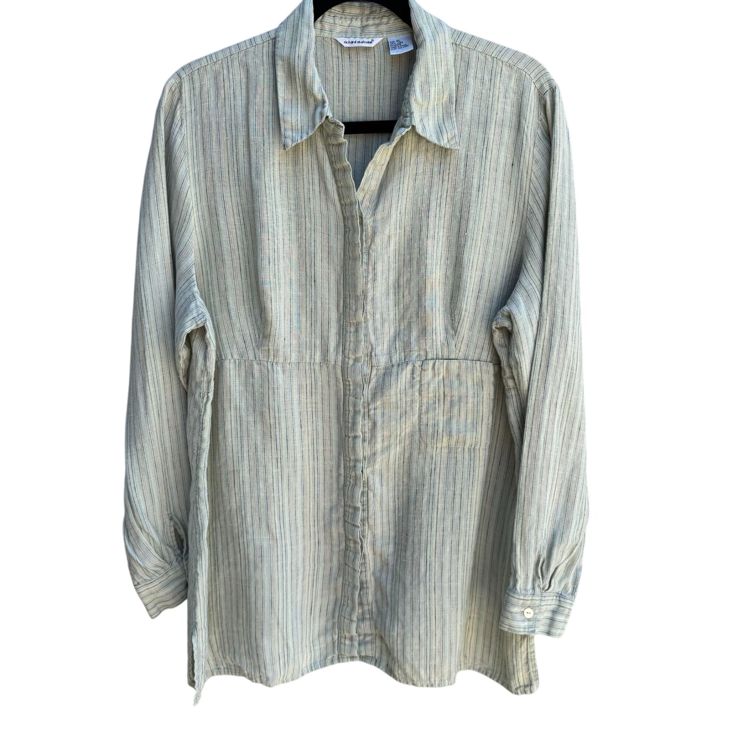 Richard Malcolm Vintage Womens Split Hem Linen Green Striped Button-Up Shirt XL