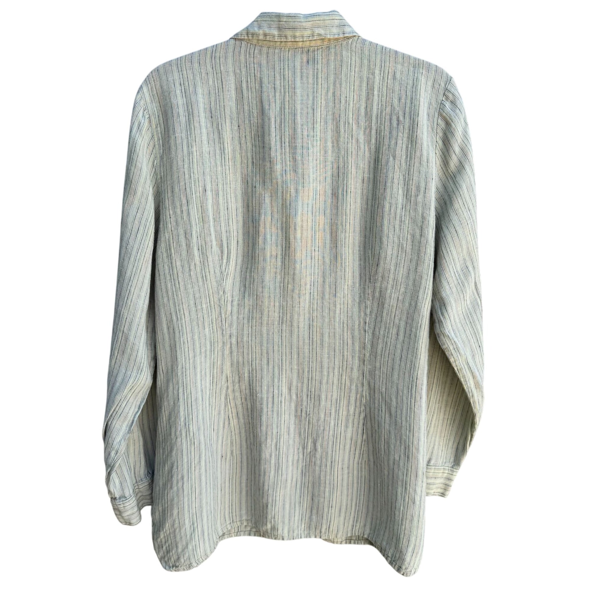 Richard Malcolm Vintage Womens Split Hem Linen Green Striped Button-Up Shirt XL